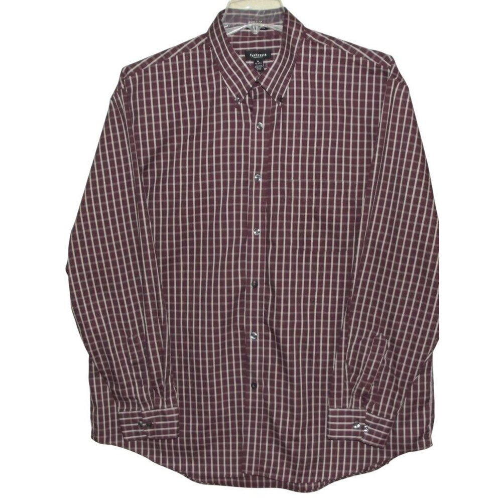 Van Heusen Shirt Mens XL 17-17.5 Burgundy Gray Plaid Long Sleeve button down